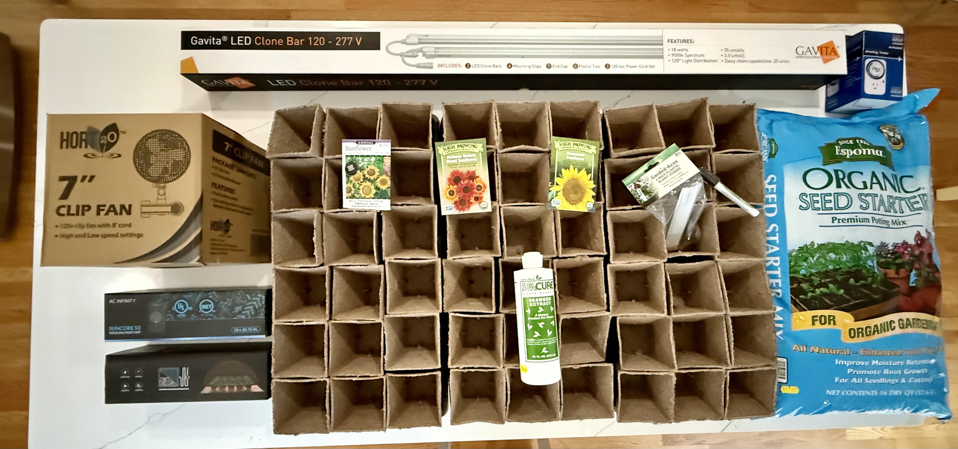 Sunflower growing supplies laid out — April 10, 2026